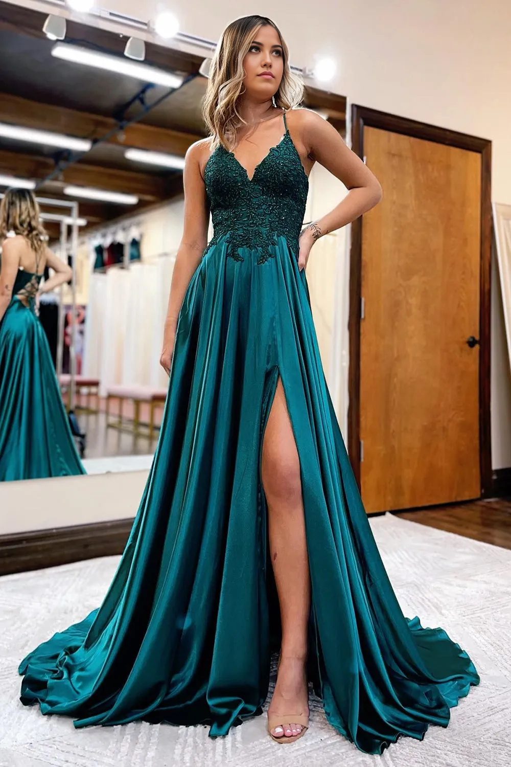 A-Line Appliques Satin Dark Green formal dresses evening gown Prom Dress Homecoming Dress with Slit